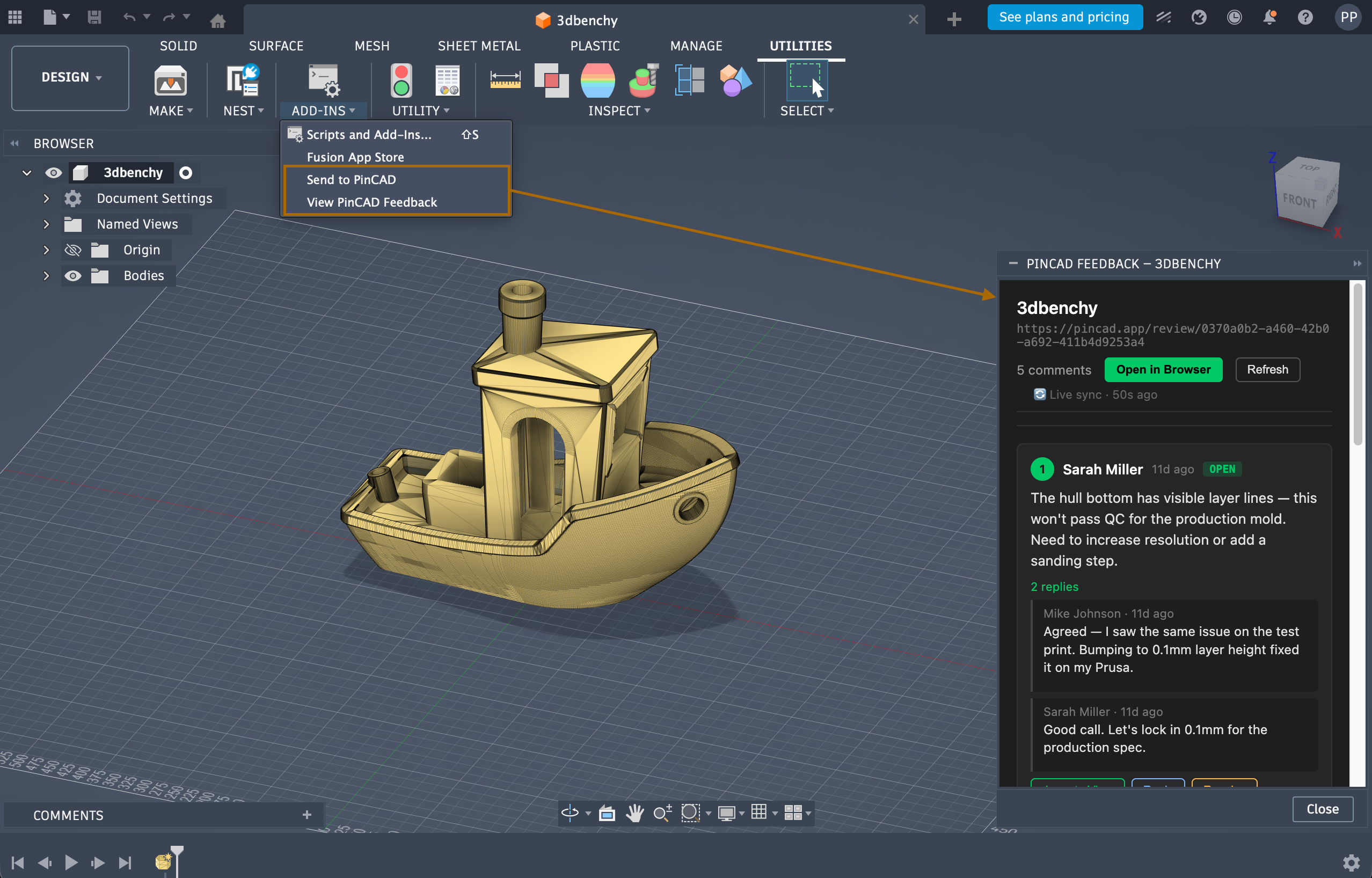PinCAD Fusion 360 plugin — review feedback pinned to 3D geometry